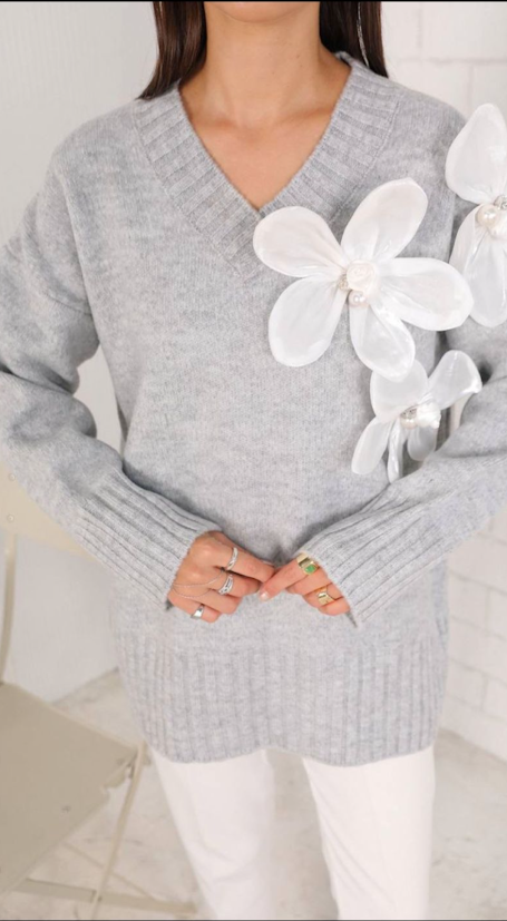 Soft Blue V-Neck Sweater with Floral